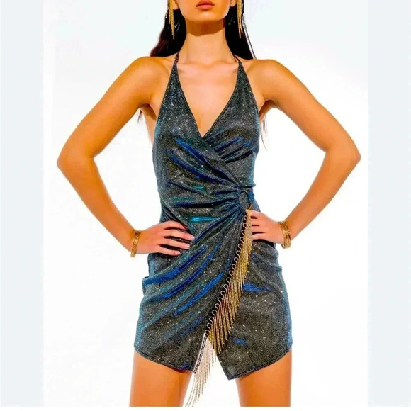 AKIRA “YOU GOT IT WRAP FRONT MINI DRESS” - Blue multi small NWT - Picture 1 of 13